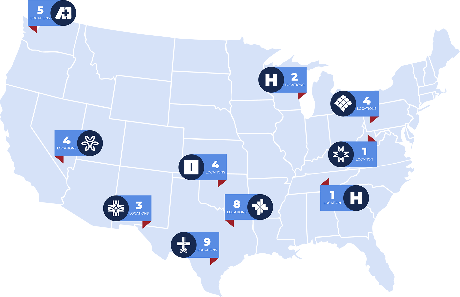 Map of various Emerus Partner hospital locations in Texas, Oklahoma, Nevada, Washington, Pennsylvania, Tennessee, West Virginia and more.